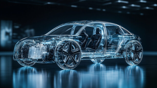 A dynamic 3D digital model of a modern hydrogen car with semi-transparent elements showcasing its internal design against a minimalistic bright white background with an empty caption space on the side