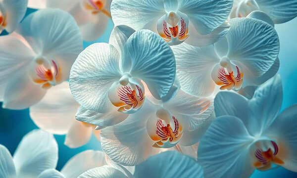 A close-up of elegant white orchids with vibrant orange accents, showcasing their delicate beauty.