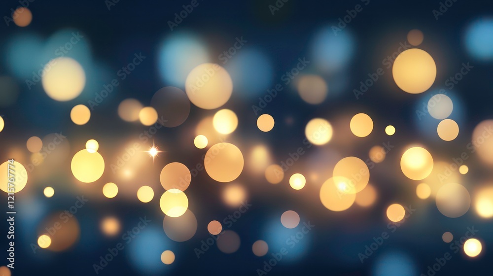 Poster Abstract bokeh lights background with gold and blue glowing circles on dark backdrop.