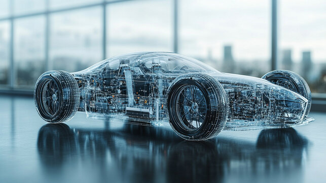 A dynamic 3D digital model of a modern hydrogen car with semi-transparent elements showcasing its internal design against a minimalistic bright white background with an empty caption space on the side