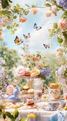 Naklejka premium Elegant Afternoon Tea Party Amongst Blooming Roses and Butterflies