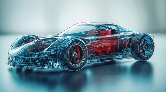 A dynamic 3D digital model of a modern hydrogen car with semi-transparent elements showcasing its internal design against a minimalistic bright white background with an empty caption space on the side