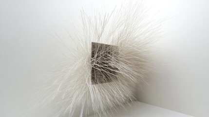 Abstract art; white fibers surround a grey box; minimalist background; ideal for modern design