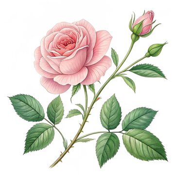delicate pink rose with lush green leaves, beautifully illustrated on a white background.