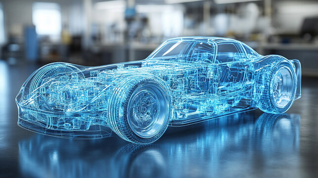 A dynamic 3D digital model of a modern hydrogen car with semi-transparent elements showcasing its internal design against a minimalistic bright white background with an empty caption space on the side