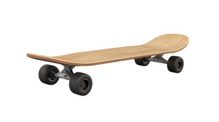a classic skateboard featuring a wooden deck and four black wheels. designed for recreational use and transportation the skateboard's minimalist design emphasizes its functionality and appeal to both