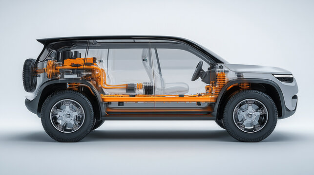 A dynamic 3D digital model of a modern hydrogen car with semi-transparent elements showcasing its internal design against a minimalistic bright white background with an empty caption space on the side