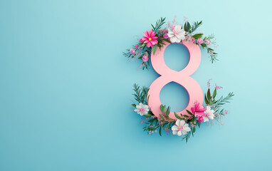 Pink number eight surrounded by colorful flowers on blue background, symbolizing celebration and femininity