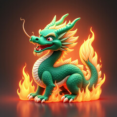 Fototapeta premium Cute Green Dragon, Fire, 3D Render - 3D rendered illustrations