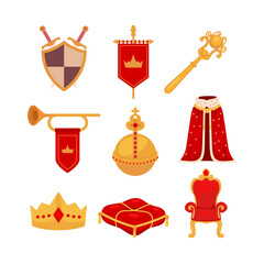 Set of Monarchy attributes collection with golden orb, laurel wreath, trumpet, throne, scepter, ceremonial pillow, crown, flag for king, vintage heraldic symbols, isolated on white background.