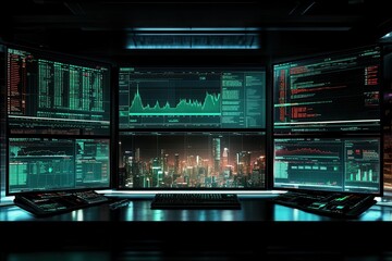 Obraz premium Multiple monitors display financial data and city skyline. Illustrates high-stakes trading or data analysis.