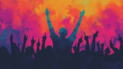 Brit Awards concept. Vibrant Neon Style of Enthusiastic Crowd at Music Concert or Festival