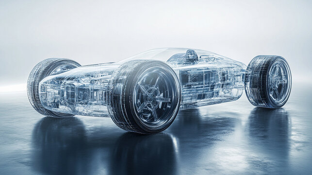 A dynamic 3D digital model of a modern hydrogen car with semi-transparent elements showcasing its internal design against a minimalistic bright white background with an empty caption space on the side