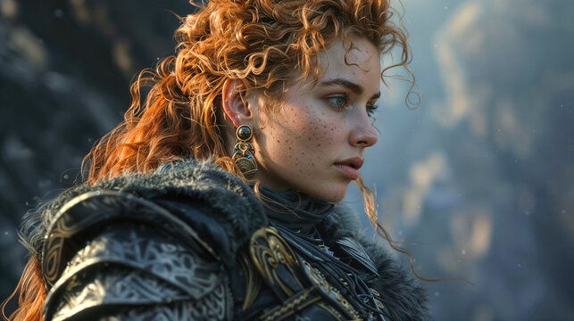 Redhead warrior princess with delicate freckles and elaborate bronze earrings gazes into distance, her curly hair catching sunlight while fur-trimmed armor suggests both nobility and combat prowess. - Powered by Adobe