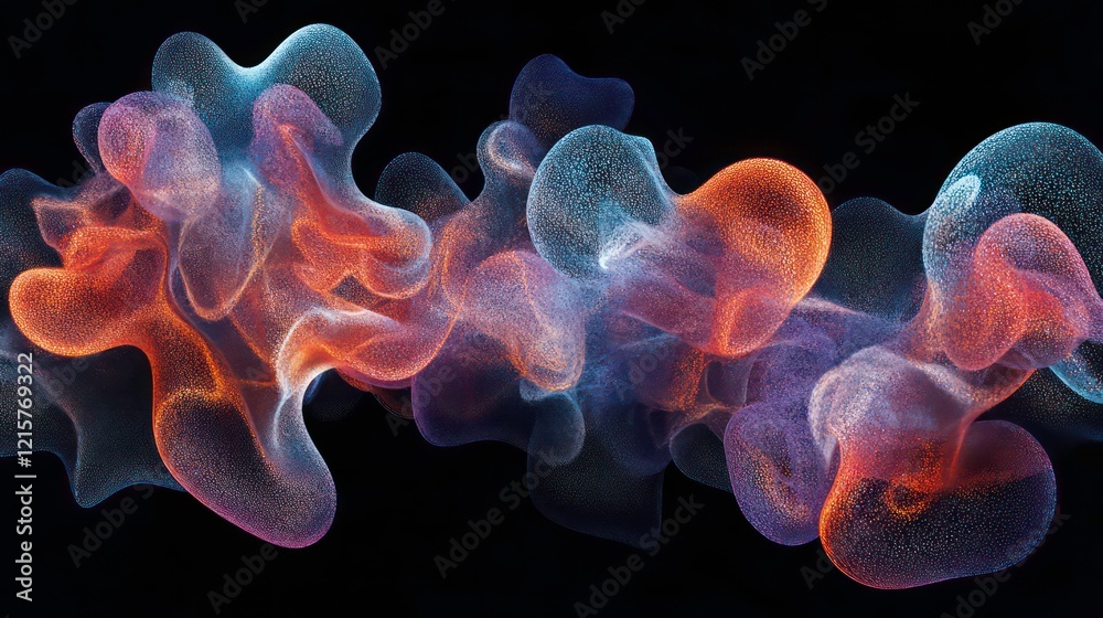 Poster abstract colorful flowing particles on black background.