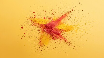 Red and yellow powder explosion on pastel yellow background Abstract art