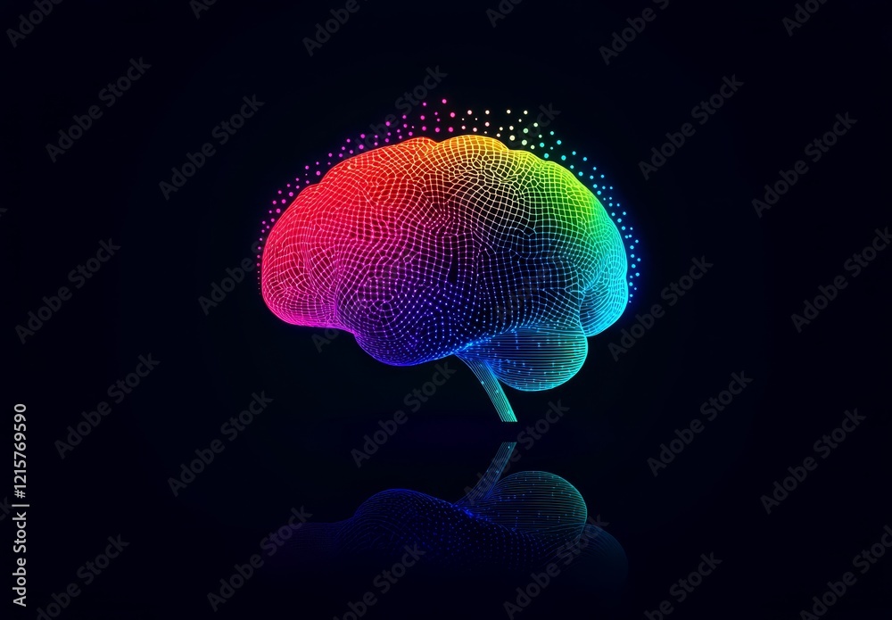 Poster colorful digital brain with reflection on black background.