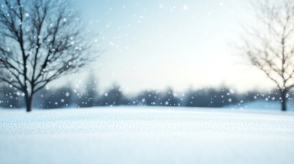 Fototapeta premium Snowy field winter landscape with blurred trees and falling snow; perfect for winter holiday greeting cards or seasonal website backgrounds