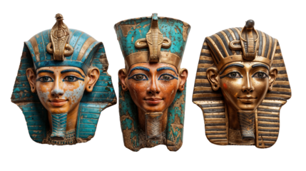Three ancient Egyptian pharaoh masks adorned with gold and turquoise detailing, featuring intricate craftsmanship, royal headdresses and vivid facial expressions isolated on transparent png background