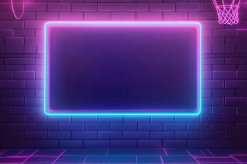 Neon frame on brick wall with basketball hoops.