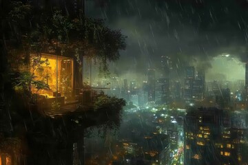 Obraz premium Enchanted Urban Landscape Under Rain with Illuminated Balcony Overlooking a Vibrant City at Night Filled with Glowing Lights and Atmospheric Details