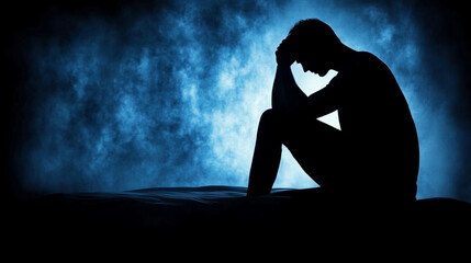 A silhouette of a man sitting on a bed, head in hands, crying, overwhelmed by depression in a dimly lit, empty room with a modern, minimalistic and bright-toned interior, blurred window view