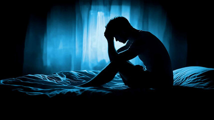A silhouette of a man sitting on a bed, head in hands, crying, overwhelmed by depression in a dimly lit, empty room with a modern, minimalistic and bright-toned interior, blurred window view

