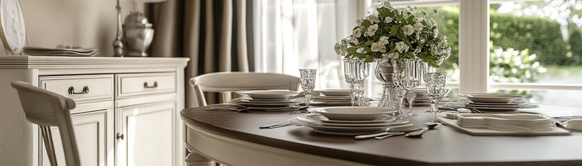 Elegant dining room, table set for dinner, garden view. Home decor