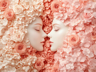 Naklejka premium Abstract 3D design of women faces blending into floral arrangements, showcasing delicate roses and hydrangeas, creating serene and harmonious atmosphere