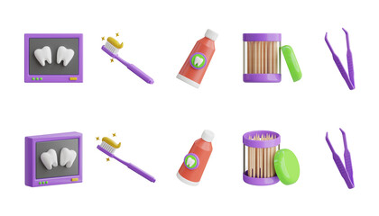 Dental X-ray, Toothbrush with Toothpaste, Toothpick Container,  and Dental Tweezers. 3D Icon High Quality Render