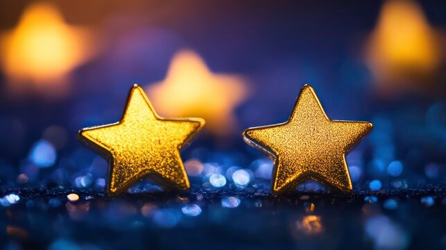 Two golden stars on glittery blue background with bokeh lights.