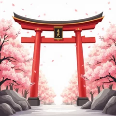 Fotobehang Japanese Torii Gate, Cherry Blossoms - Japanese aesthetics © Narong