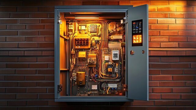 Detailed view of an illuminated control panel inside an electrical cabinet showcasing various components and wiring against a warm brick background