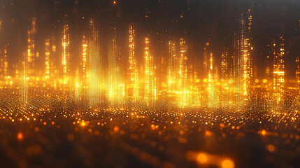 Fototapeta premium A high-tech, futuristic abstract background featuring gold, white, and silver tones with a glowing digital matrix pattern and computer chip texture, creating a modern, minimalistic, and dynamic atmosp