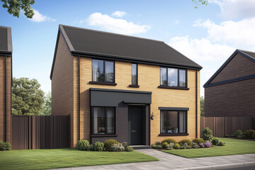 レンガを基調とした高品質でスタイリッシュな新築住宅　庭付き家の外観デザイン