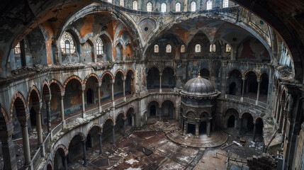 Abandoned synagogue interior with decaying architecture, featuring ornate arches, columns and a central dome, showcasing Gothic and Romanesque elements in haunting atmosphere