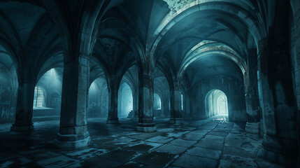 Fototapeta premium Interior of a medieval monastery crypt with gothic stone arches and columns creating dramatic shadows in mysterious blue atmosphere, ancient architecture with ethereal light
