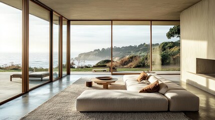Naklejka premium Coastal Living Room with Ocean View: Minimalist Design Meets Breathtaking Scenery
