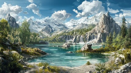 Serene Mountain Lake Landscape: A Digital Painting of Tranquil Nature