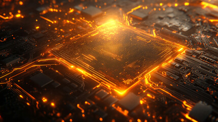 A high-tech, futuristic abstract background featuring gold, white, and silver tones with a glowing digital matrix pattern and computer chip texture, creating a modern, minimalistic, and dynamic atmosp