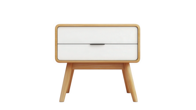 a modern nightstand featuring a minimalist design with a white drawer and wooden legs. ideal for bedroom storage and decor its sleek appearance complements contemporary interiors