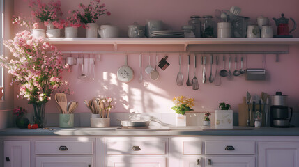 Decorative shelf filled with plants and small items, adding a natural and welcoming touch.