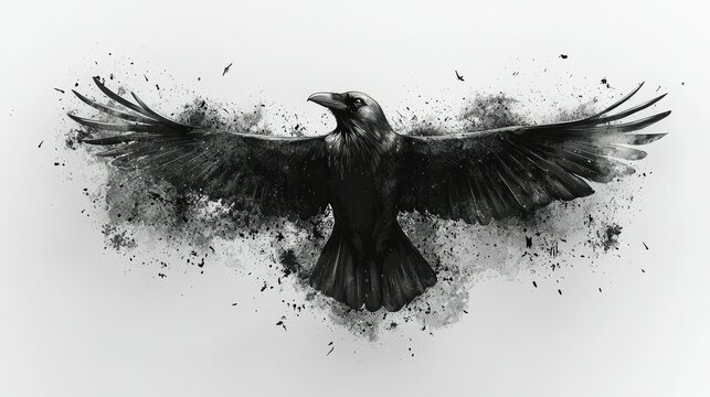 Majestic Black Raven In Flight Artistic Rendering