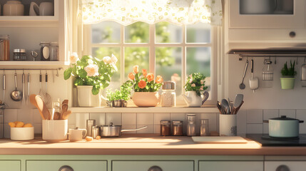 Bright and airy kitchen with ample natural light and vibrant floral decor, creating a fresh space.