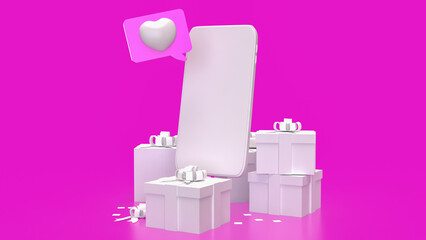 White Mobile and Gift box on pink  Background 3d rendering.