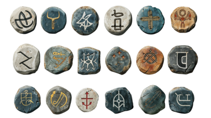 Collection of handcrafted stone rune tokens with mystical engravings in various natural colors, featuring symbolic markings and ancient wisdom signs on weathered surfaces