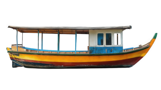 a colorful wooden boat with a rustic design. featuring a vibrant mix of yellow. blue. and red hues the boat has an open deck and a small cabin. suggesting it is used for leisure activities or fishing