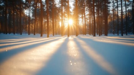 Winter sunset illuminating snow-covered pine forest, long shadows cast, tranquil nature scene, ideal for winter landscape or seasonal greeting cards