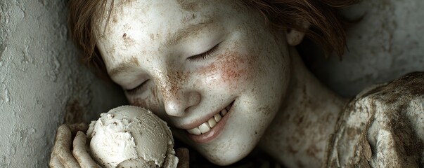 Obraz premium Dirty child sleeps, clutching a ball; grim background. Possible use film still, book cover