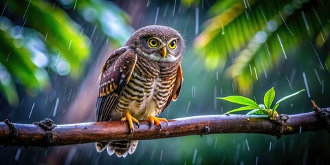 Thailand Jungle Owlet Night Photography, Wet Wings, Bird, Wildlife, Nature, Tree Branch, Dark, Rainy Night, Asian Owl, Nocturnal Animal,  Beautiful Bird,  Park,  Night Scene,  Animal Photography